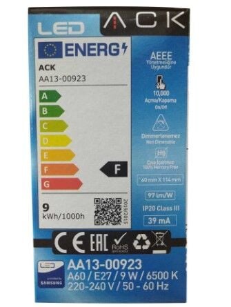 ACK AA13-00923 9W E27 6500K Beyaz A60 Led Ampul